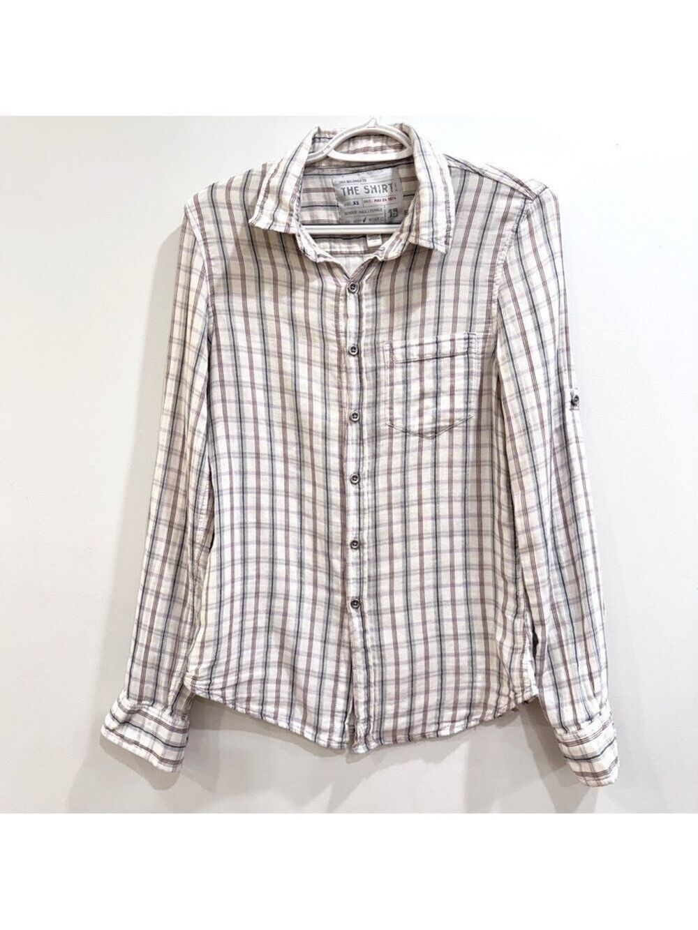 White and Gray Casual Button Down Shirt with Checkered Pattern